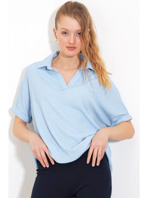 Mavi Oversize Polo Yaka Örme Bluz 0486