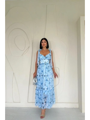 Mavi Şifon Drapeli Elbise