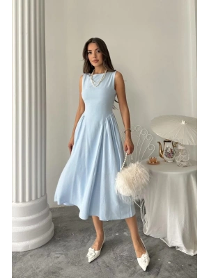 Mavi Yanları Büzgülü Midi Boy Keten Elbise