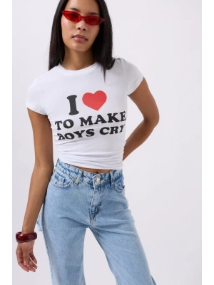 Nakış Detay Baskılı Crop TShirt