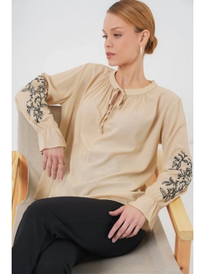 Nakışlı Örme Bluz 941  Bej