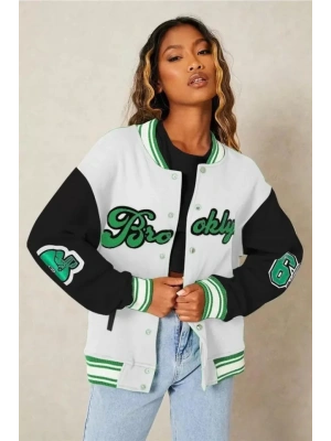 Nakışlı Oversize Kolej Ceket  Beyaz