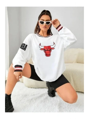 Nakışlı Oversize Sweatshirt  Beyaz