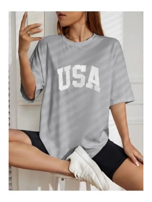 Nakışlı Oversize Thirt  Gri