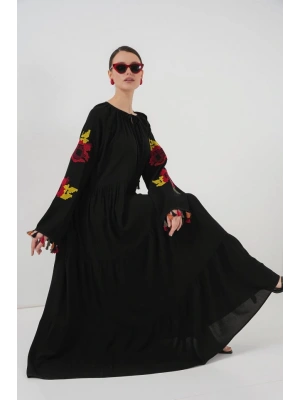 Nakışlı Uzun Elbise 2534  Siyah