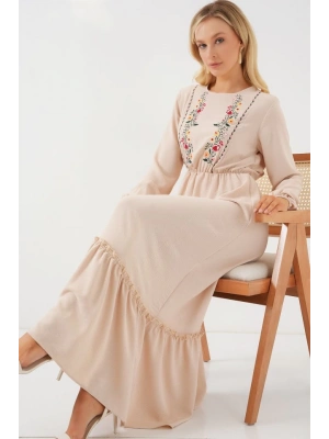 Nakışlı Uzun Tesettür Elbise 2550  Krem