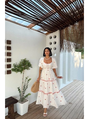 Nar Çiçeği Dantel Detaylı Brode Elbise