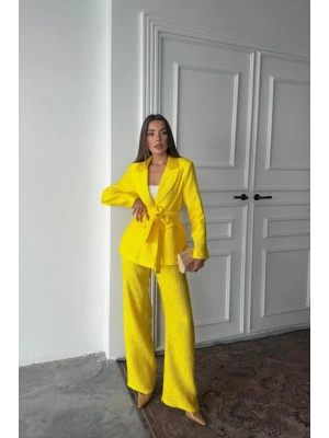 Neon Beli Kuşaklı Ceket Ve Pantolon Parlak Takım