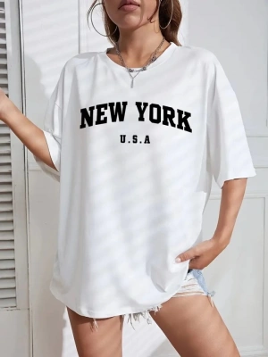 New York Baskılı Oversize Bisiklet Yaka Tshirt  Beyaz