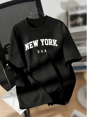 New York Baskılı Oversize Bisiklet Yaka Tshirt  iyah