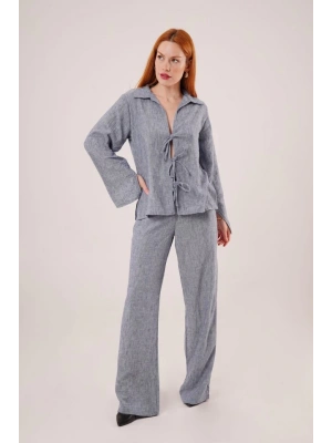 Ön Bağlama Detaylı Pantolon Ve Gömlek İndigo İkili Takım