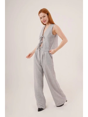 Ön Bağlama Detaylı Yelek Ve Pantolon Gri İkili Takım