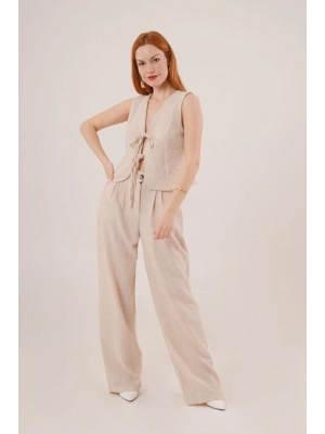 Ön Bağlama Detaylı Yelek Ve Pantolon Taş İkili Takım