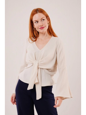 Ön Bağlamalı Volan Kol Ekru Bluz