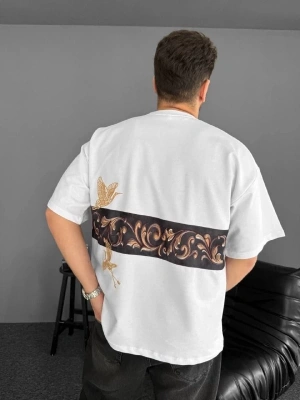 Ön Ve Arka Baskılı Oversize Bisiklet Yaka Tshirt  Beyaz
