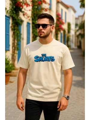 Ön Ve Arka Baskılı Oversize Bisiklet Yaka Tshirt Beyaz