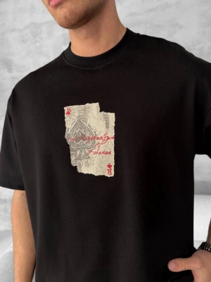 Ön Ve Arka Baskılı Oversize Bisiklet Yaka Tshirt  iyah