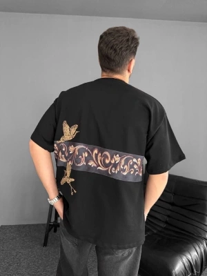 Ön Ve Arka Baskılı Oversize Bisiklet Yaka Tshirt  iyah