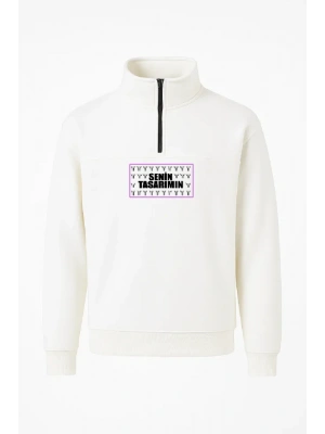 Ön Yarım Fermuarlı Oversize Yakalı Basic weathirt  Beyaz