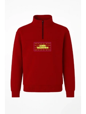 Ön Yarım Fermuarlı Oversize Yakalı Basic weathirt  Kırmızı