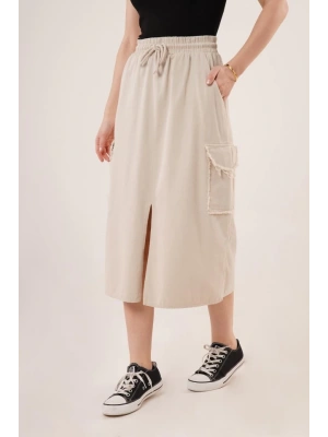 Ön Yırtmaçlı Cep Detaylı Krem Etek