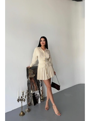 ÖNDEN GOLD DÜĞELİ PİLELİ KISA ELBİSE  Bej