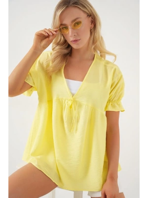 Önü Bağcıklı Kısa Kol Bluz 962  Sarı