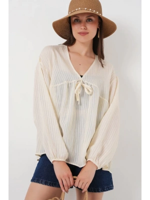Önü Bağcıklı Uzun Kol Bluz 946  Krem