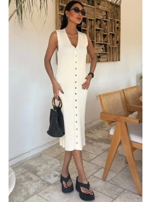 Önü Düğmeli Fitilli Kolsuz Elbise 2832