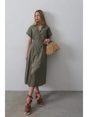 Önü Düğmeli Kısa Kol Elbise  Haki