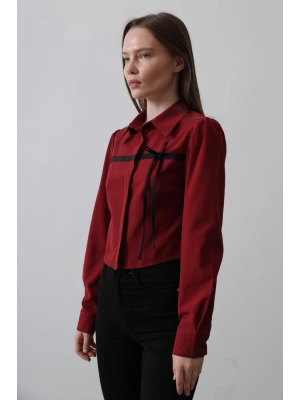 Önü Kontrast Fiyonklu Gömlek  Bordo