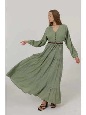 Önü Yarım Düğmeli Uzun Kol Kemerli Elbise  Haki