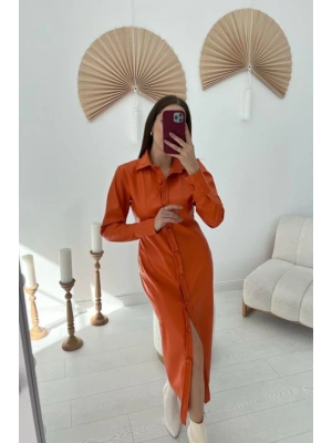 Oranj Boydan Düğmeli Deri Elbise