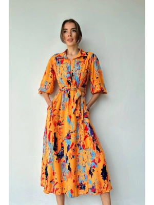 Oranj Çiçek Desenli Kemerli Elbise