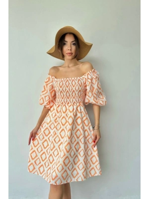 Oranj Kare Desenli Yazlık Elbise