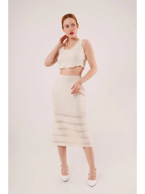 Örme Detaylı Etek Ve Bluz Krem Takım