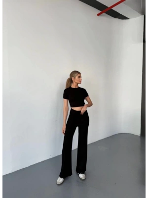 Osy Modal Yumuşak Dokulu Kumaş Kısa Kollu Crop Rahat Pantalon Ikili Takım  Siyah