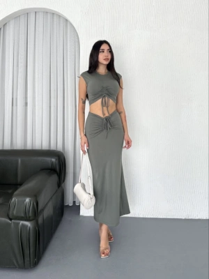 Osy odal Yumuşak Dokulu Kumaş Büzgülü Crop Etek Takım  int Yeşili