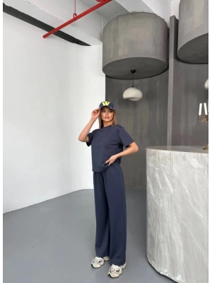 Osy odal Yumuşak Dokulu Kumaş Kısa Kollu Bluz Rahat Pantalon Ikili Takım Füme