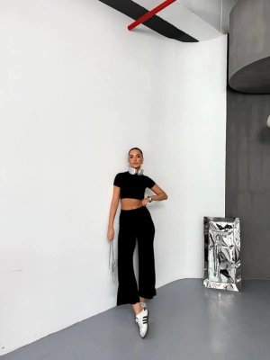 Osy odal Yumuşak Dokulu Kumaş Kısa Kollu Crop Alt Ispanyol Paça Pantalon Ikili Takım  iyah