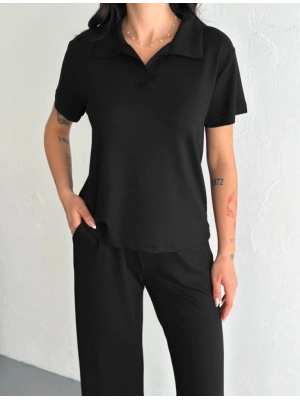 Osy odal Yumuşak Dokulu Kumaş Kısa Kollu Yakalı Tshirt Pantalon Ikili Takım iyah
