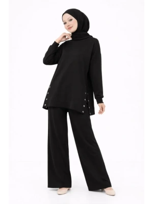Osy odal Yumuşak Dokulu Kumaş odern Tesettür Takım Yandan etal Çıtçıtlı Uzun Tunik Pantolon et alaş Kalıp  iyah