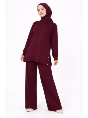 Osy odal Yumuşak Dokulu Kumaş odern Tesettür Takım Yandan etal Çıtçıtlı Uzun Tunik Pantolon et alaş Kalıp  Bordo