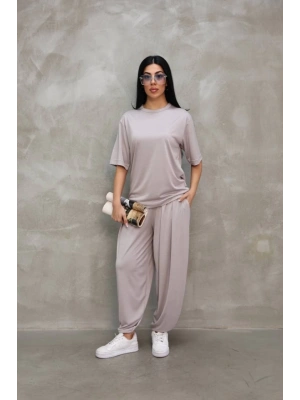 Osy odal Yumuşak Dokulu Kumaş Oversize Bisiklet Yaka Tshirt Jogger Eşofman Altı Eşofman Takımı  Gri