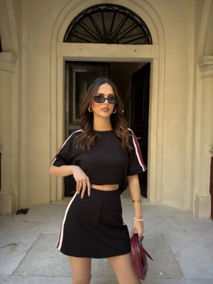 Osy odal Yumuşak Dokulu Kumaş Parçalı Bisiklet Yaka Tshirt ini Şortlu Etek İkili Takım  iyah