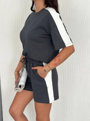 Osy odal Yumuşak Dokulu Kumaş Parçalı Bisiklet Yaka Tshirt Kısa Şort İkili Takım  Antrasit