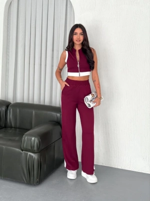 Osy odal Yumuşak Dokulu Kumaş Tam Fermuarlı Crop Pantalon İkili Takım  Bordo