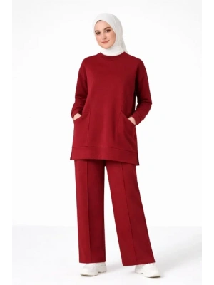 Osy odal Yumuşak Dokulu Kumaş Tesettür Cepli Tunik Pantolon Takım  Bordo
