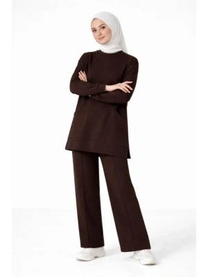 Osy odal Yumuşak Dokulu Kumaş Tesettür Cepli Tunik Pantolon Takım  Kahverengi