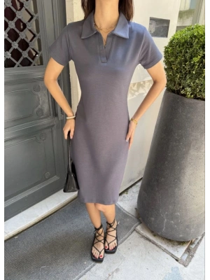 Osy odal Yumuşak Dokulu Kumaş Yakalı Kısa Kollu Elbise  Füme